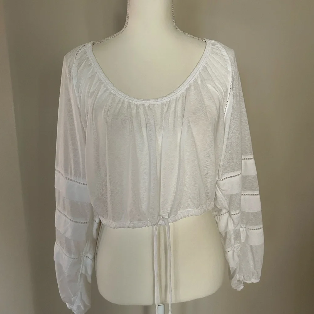 Free People White Crop Beach Top With Long Tiered Sleeves